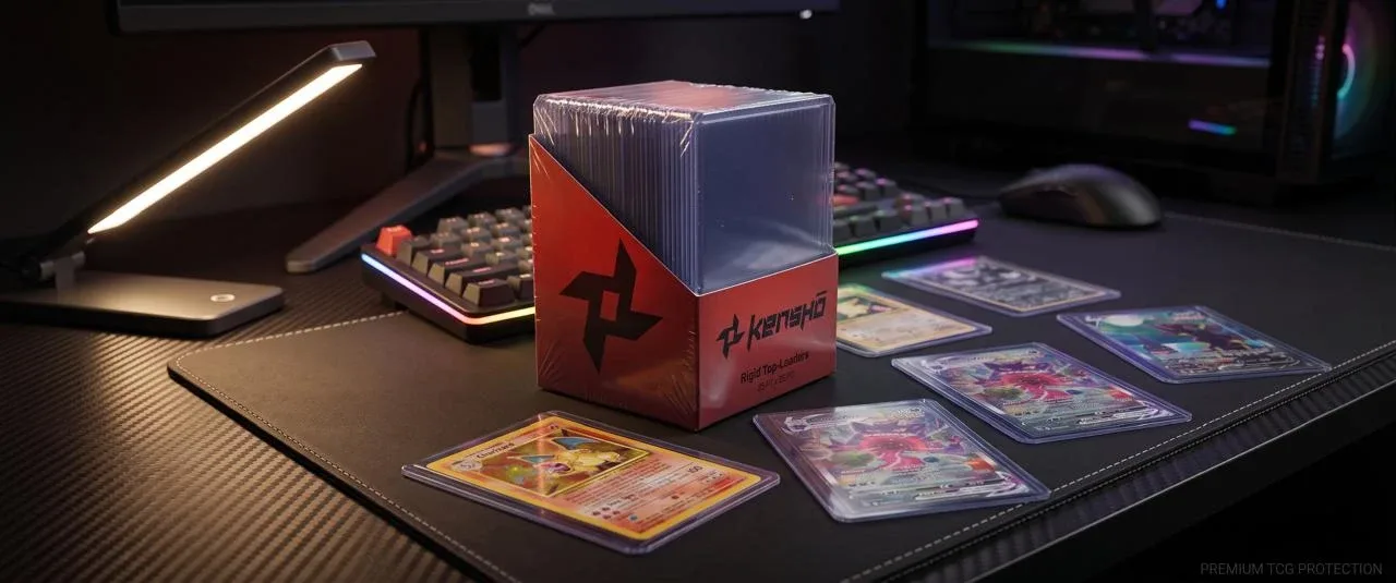 Kensho Rigid Top-Loaders box on a gaming desk, with trading cards in top loaders spread across the desk mat